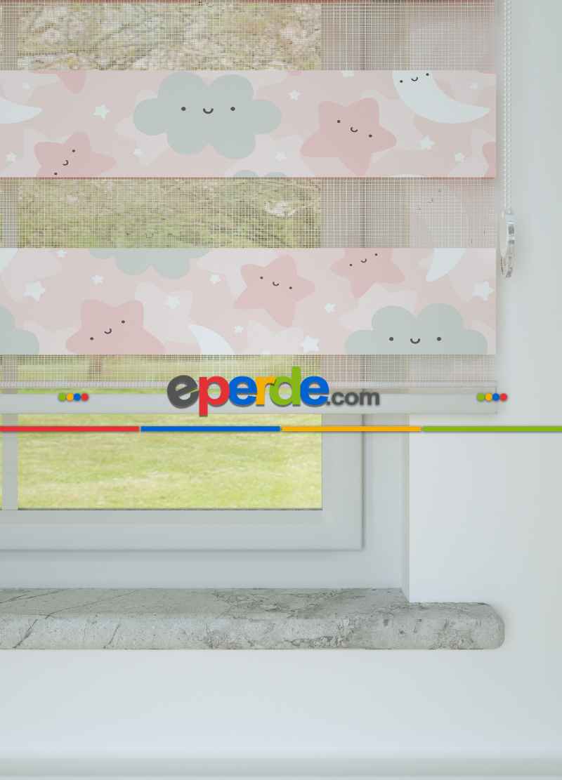 Bebek Odası - Pembe Yıldız Ve Bulut Desenli Baskılı Zebra Perde