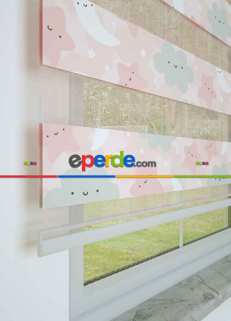 Bebek Odası - Pembe Yıldız Ve Bulut Desenli Baskılı Zebra Perde