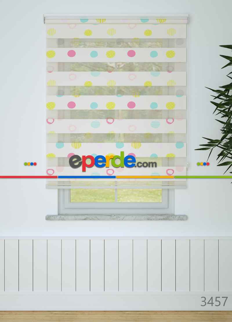 Çocuk Odası - Pembe Sarı Puan Desenli Baskılı Zebra Perde