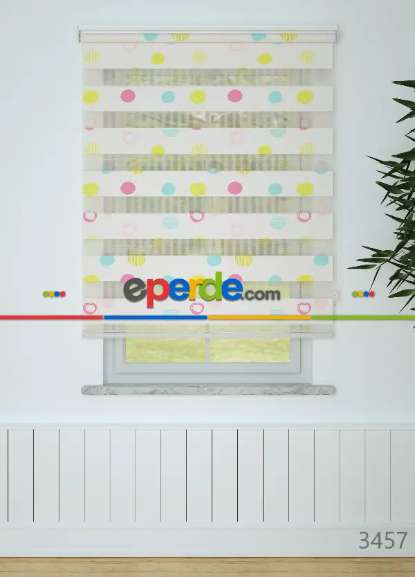 Pembe Sarı Puan Desenli Baskılı Zebra Perde