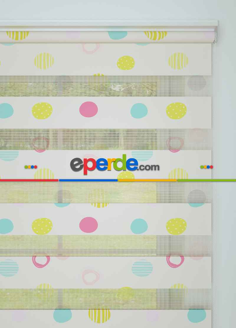 Çocuk Odası - Pembe Sarı Puan Desenli Baskılı Zebra Perde