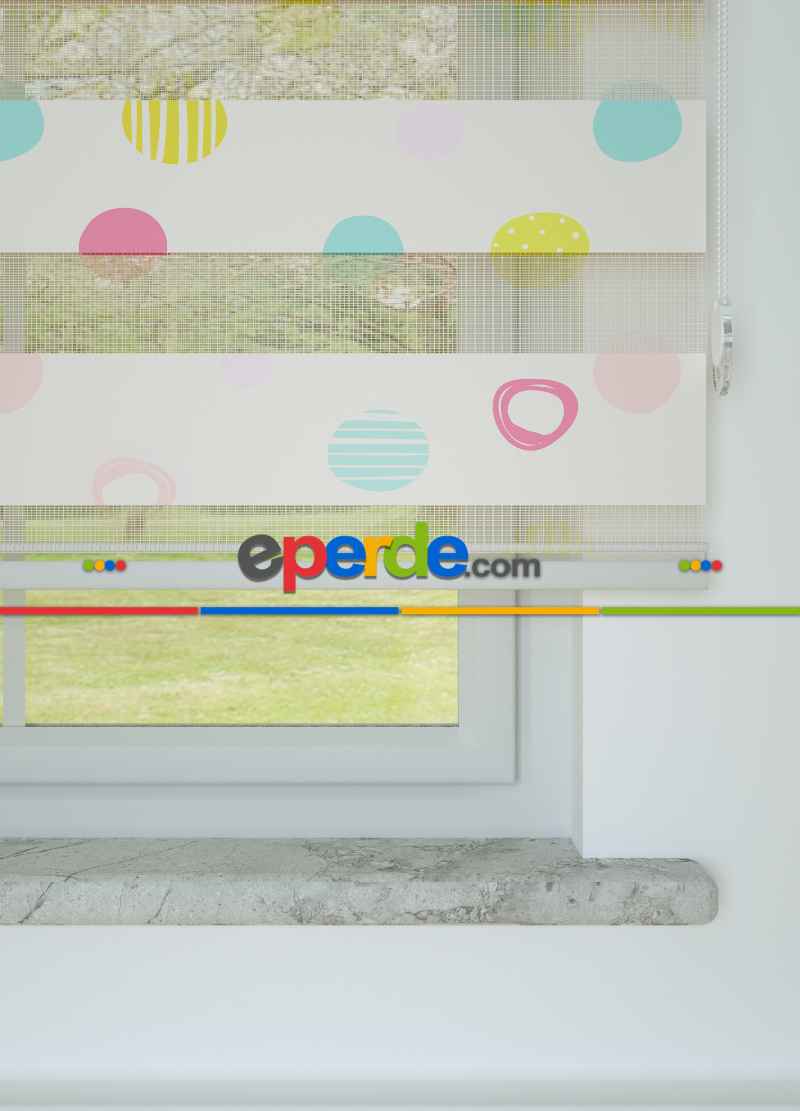 Çocuk Odası - Pembe Sarı Puan Desenli Baskılı Zebra Perde