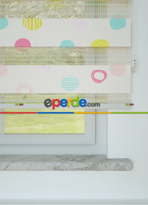 Pembe Sarı Puan Desenli Baskılı Zebra Perde