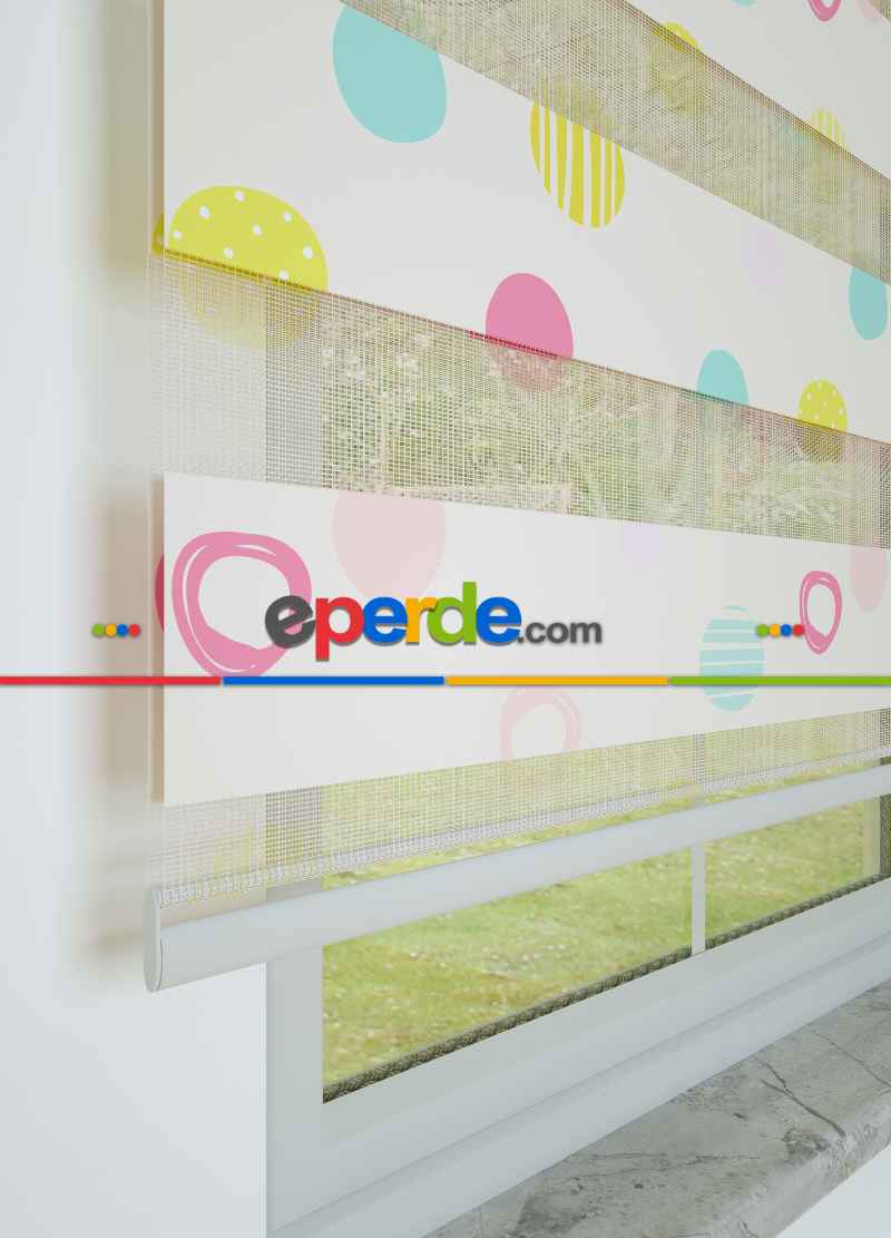 Çocuk Odası - Pembe Sarı Puan Desenli Baskılı Zebra Perde