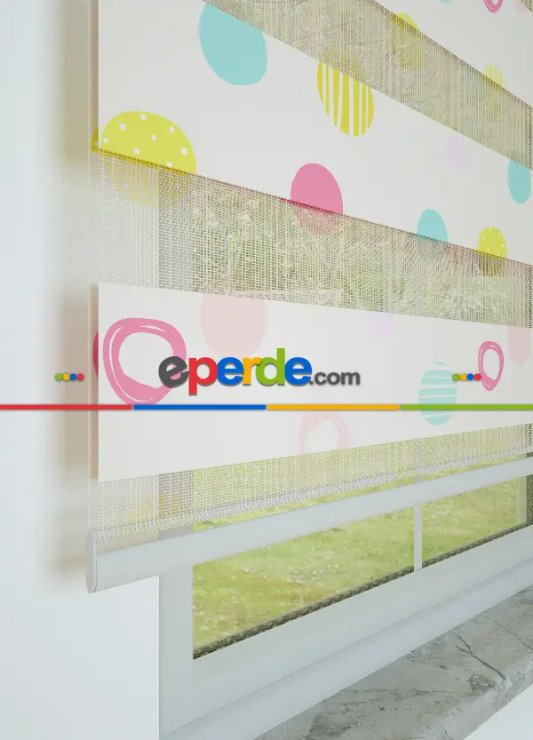 Pembe Sarı Puan Desenli Baskılı Zebra Perde