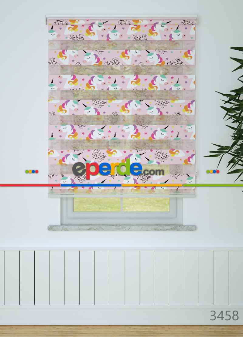 Pembe Unicorn Desenli Baskılı Zebra Perde
