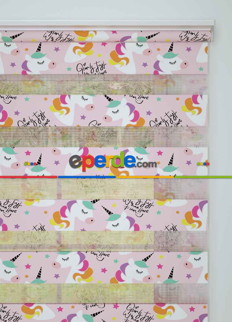 Pembe Unicorn Desenli Baskılı Zebra Perde