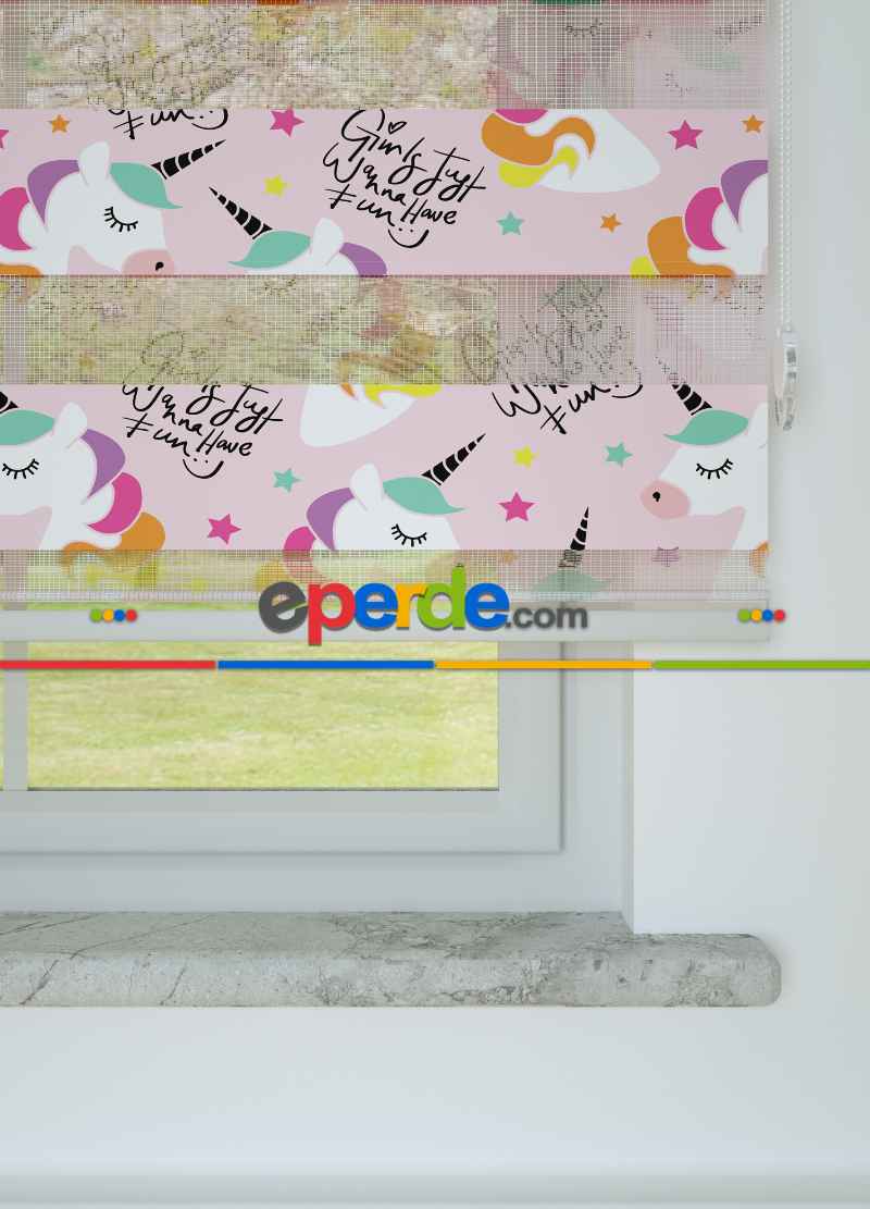 Pembe Unicorn Desenli Baskılı Zebra Perde