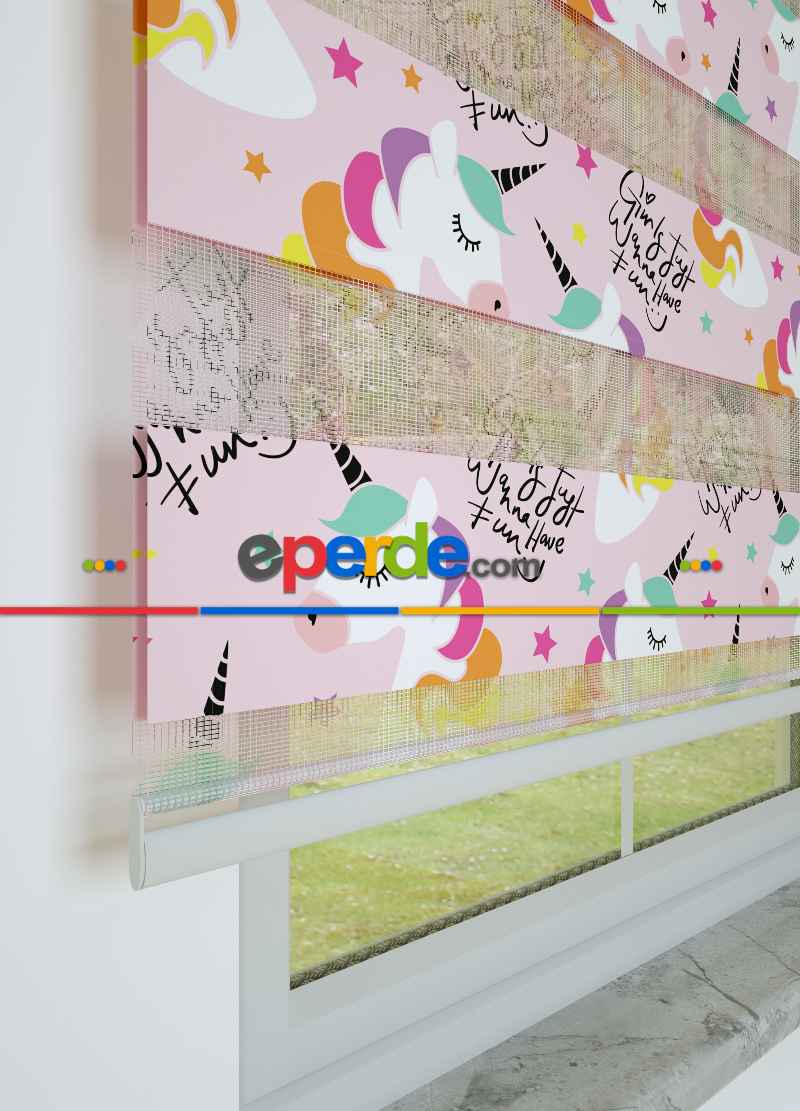 Pembe Unicorn Desenli Baskılı Zebra Perde