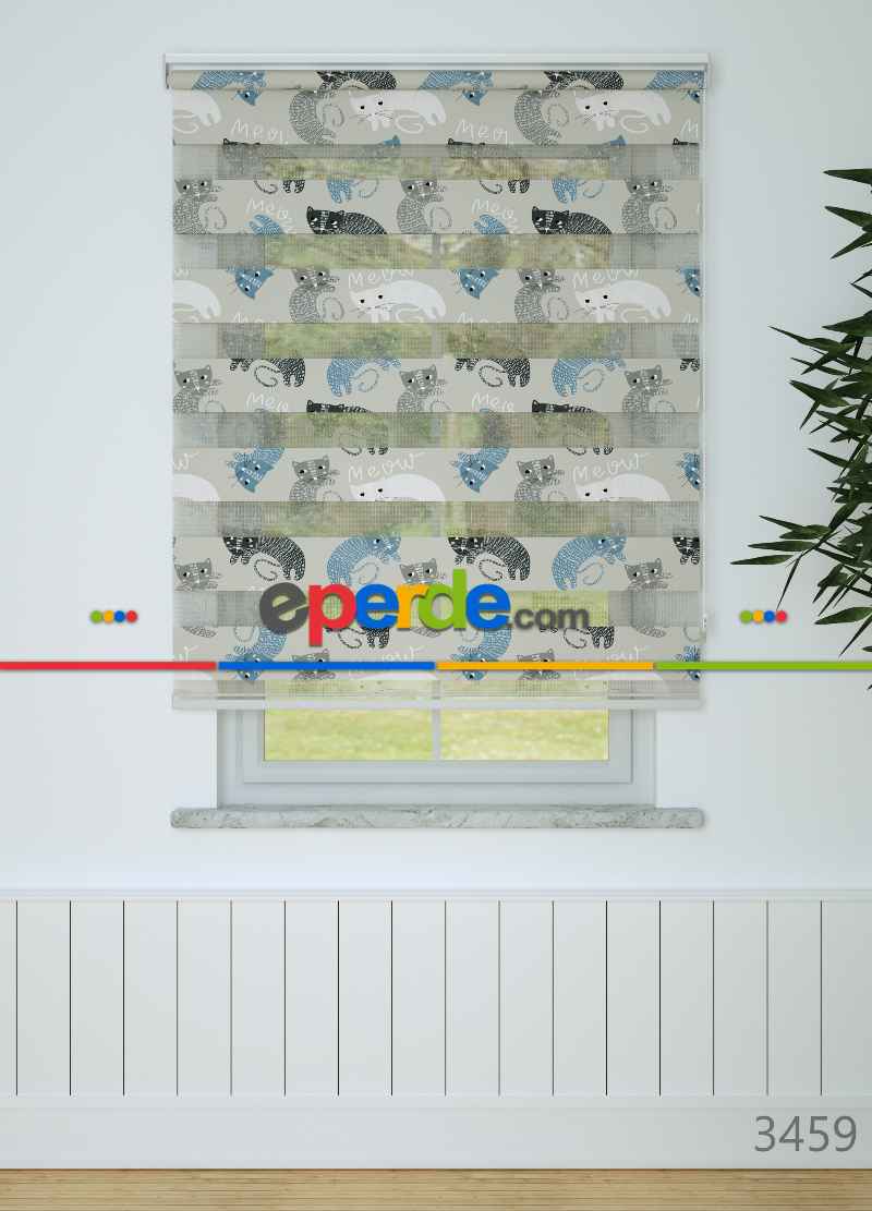 Çocuk Odası - Gri Mavi Kedi Desenli Baskılı Zebra Perde