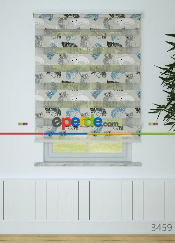 Gri Mavi Kedi Desenli Baskılı Zebra Perde