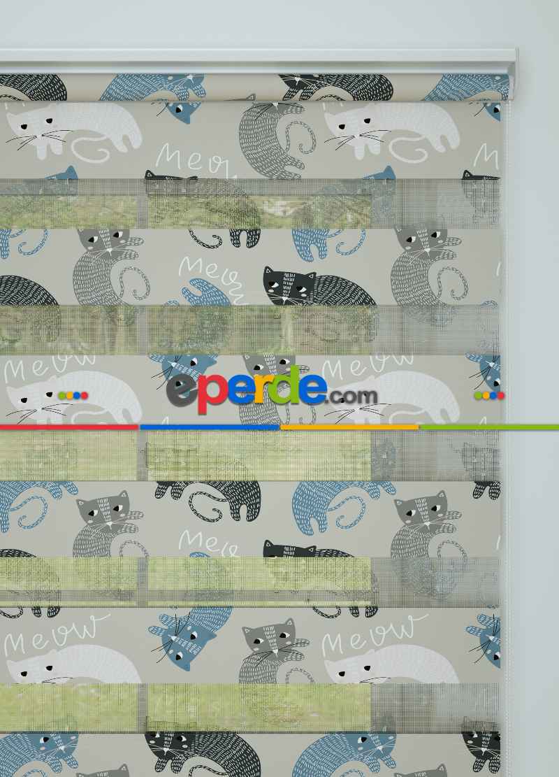 Çocuk Odası - Gri Mavi Kedi Desenli Baskılı Zebra Perde