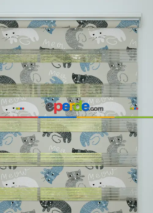 Gri Mavi Kedi Desenli Baskılı Zebra Perde