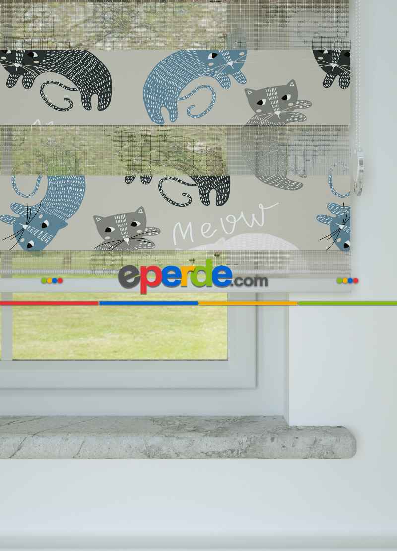 Çocuk Odası - Gri Mavi Kedi Desenli Baskılı Zebra Perde