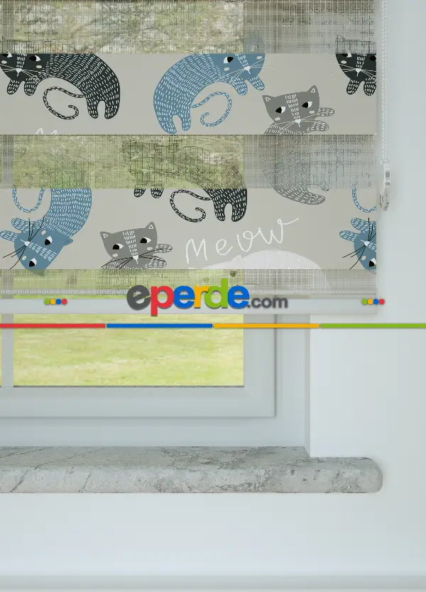 Gri Mavi Kedi Desenli Baskılı Zebra Perde