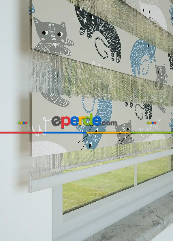 Gri Mavi Kedi Desenli Baskılı Zebra Perde