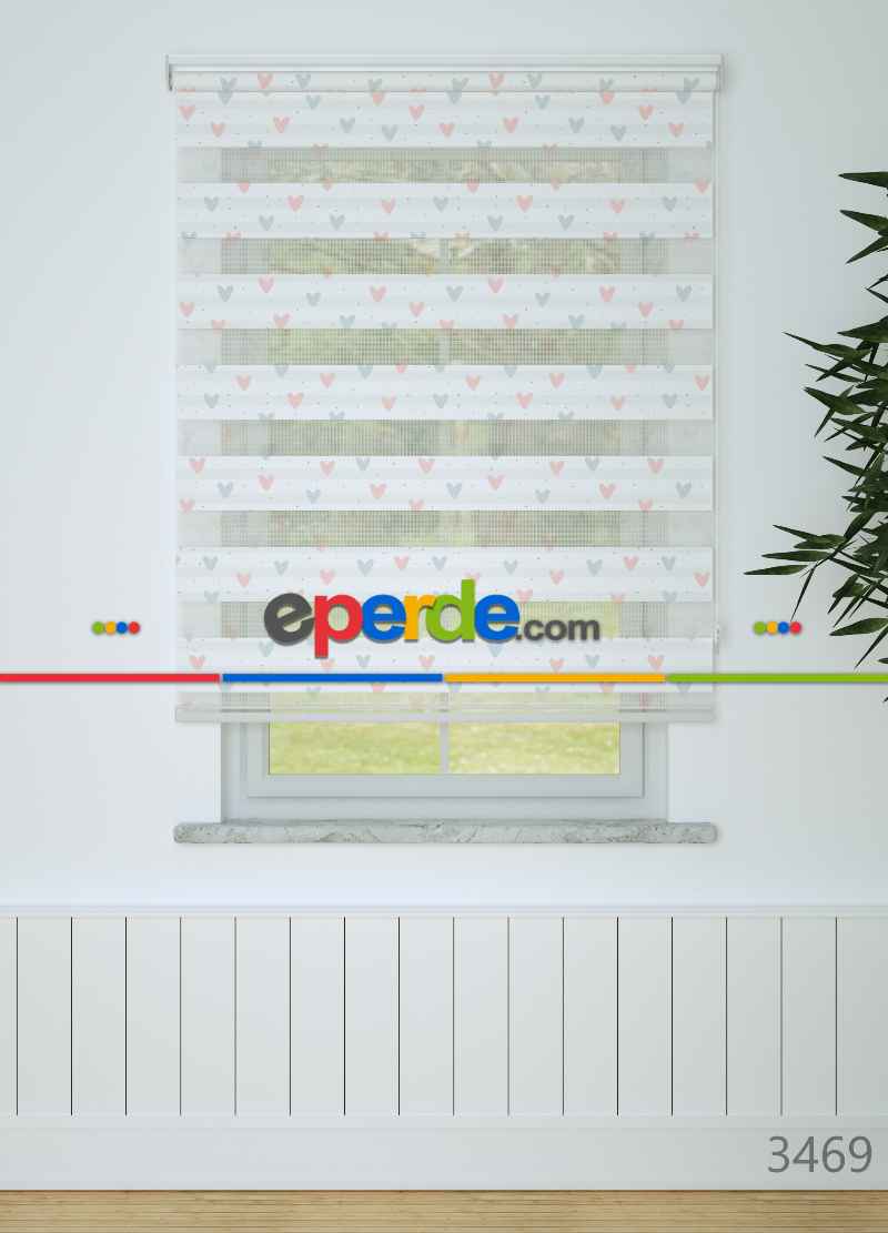 Bebek Odası - Pembe Mavi Minik Kalp Desenli Baskılı Zebra Perde