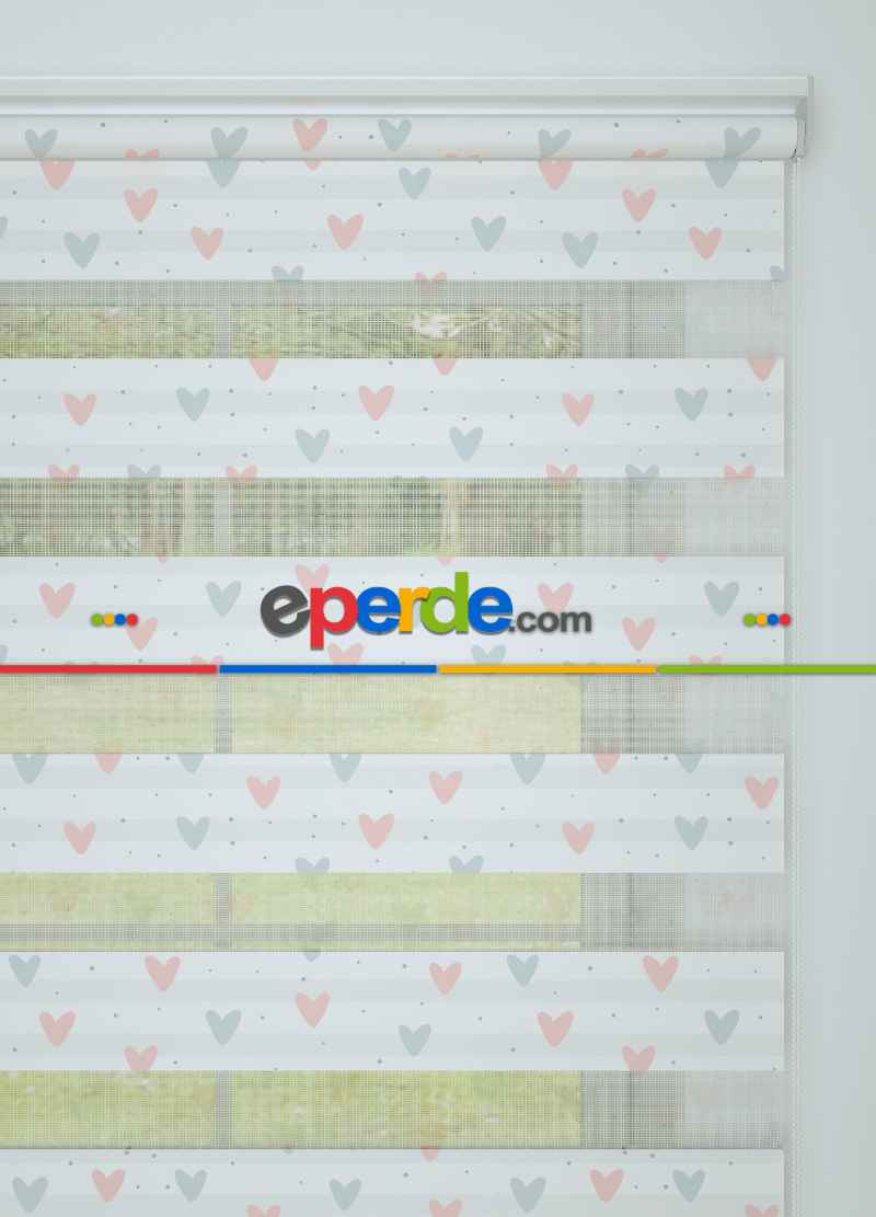 Bebek Odası - Pembe Mavi Minik Kalp Desenli Baskılı Zebra Perde