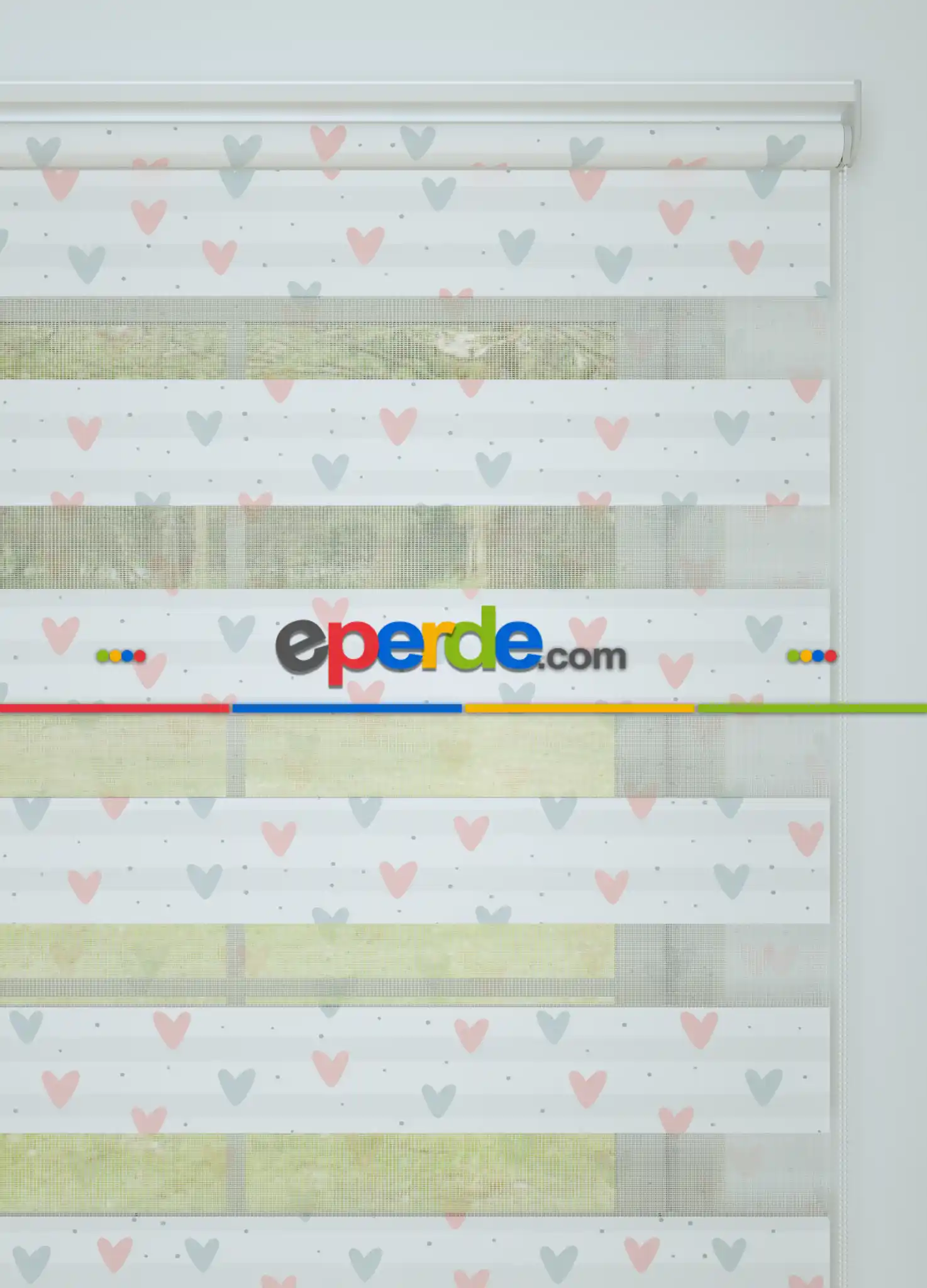 Pembe Mavi Minik Kalp Desenli Baskılı Zebra Perde