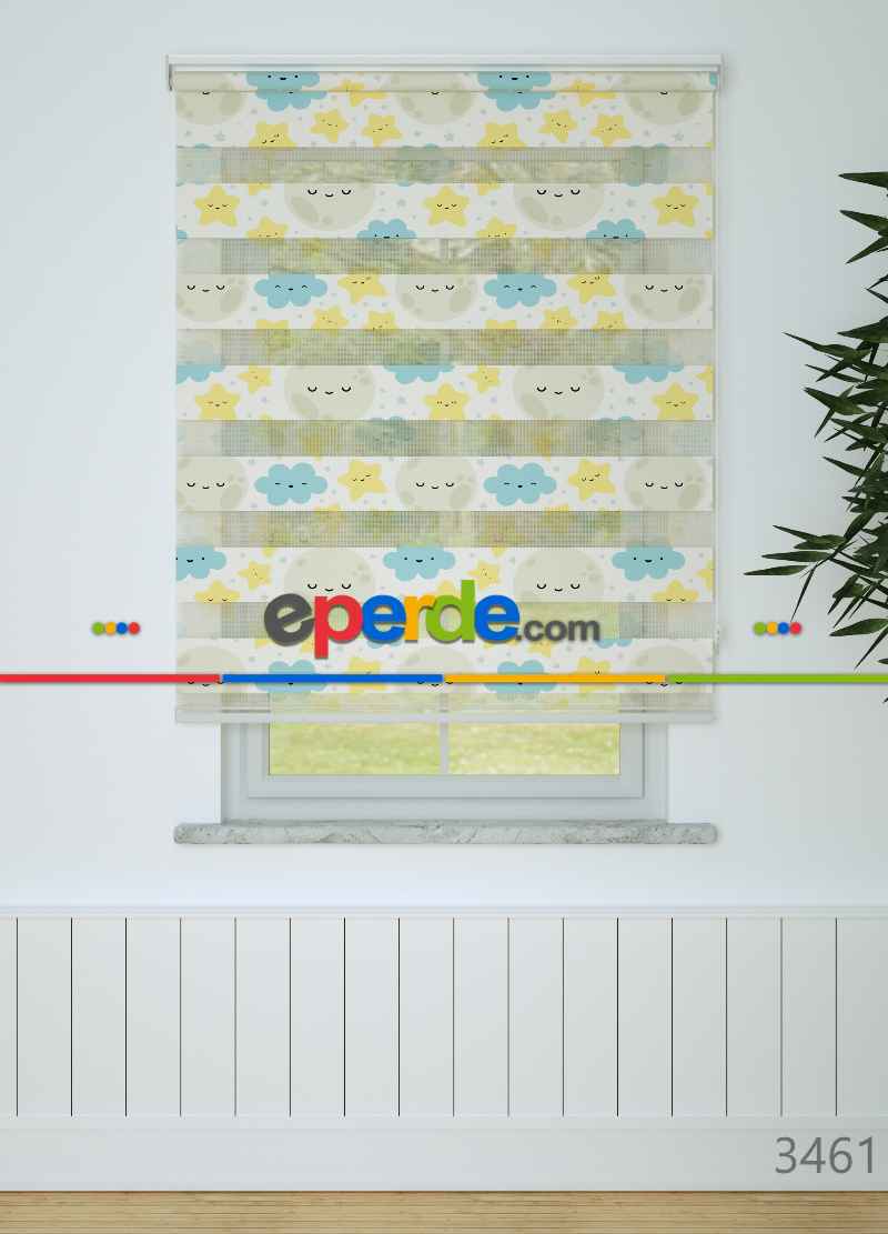 Sarı Mavi Bulut Ve Yıldız Desenli Baskılı Zebra Perde