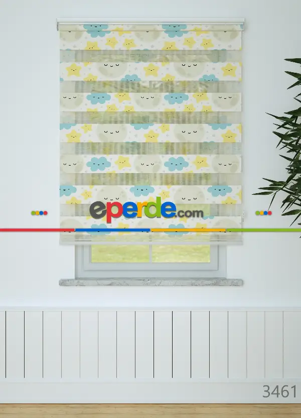 Sarı Mavi Bulut Ve Yıldız Desenli Baskılı Zebra Perde