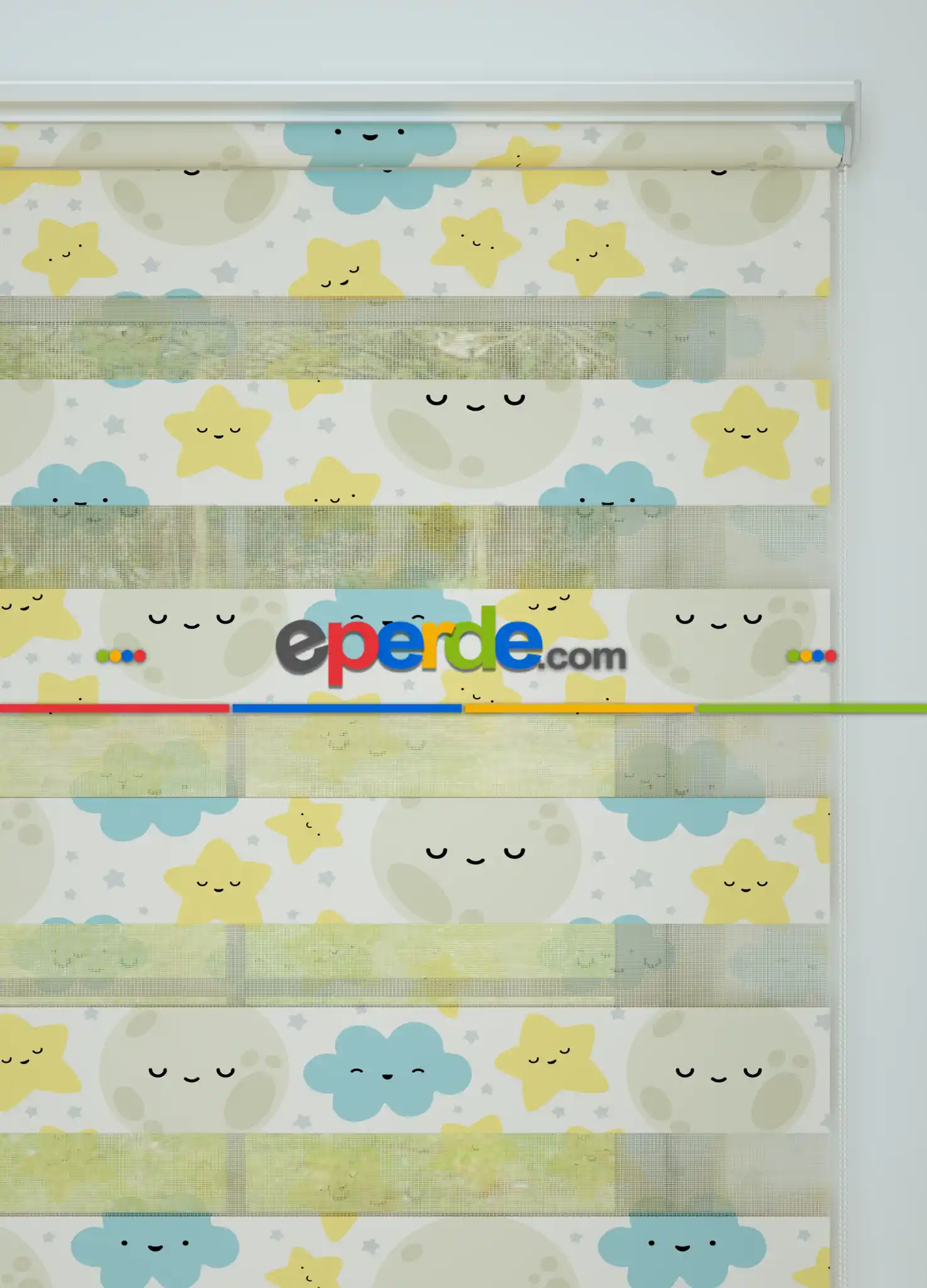 Sarı Mavi Bulut Ve Yıldız Desenli Baskılı Zebra Perde