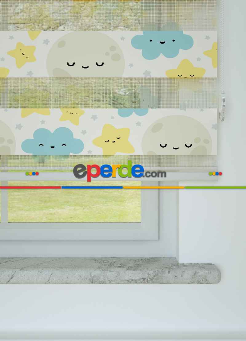 Sarı Mavi Bulut Ve Yıldız Desenli Baskılı Zebra Perde