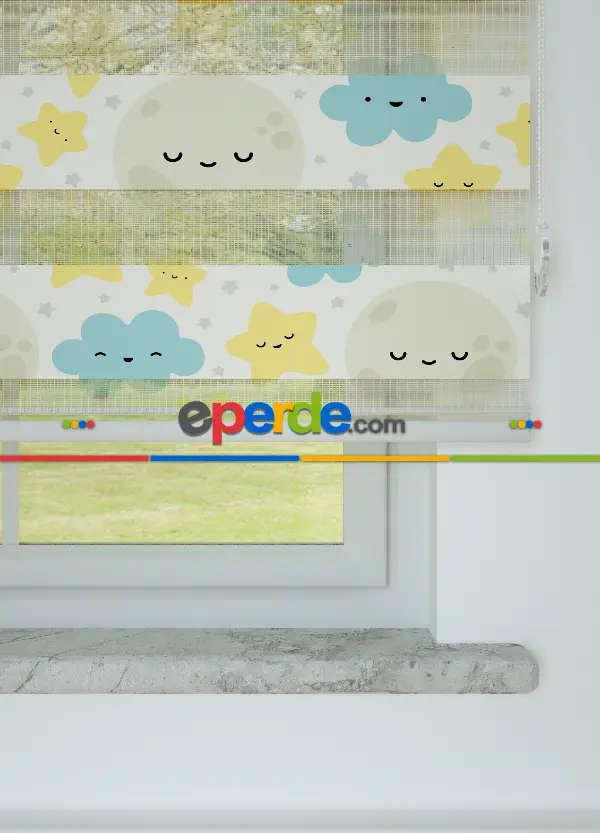 Sarı Mavi Bulut Ve Yıldız Desenli Baskılı Zebra Perde