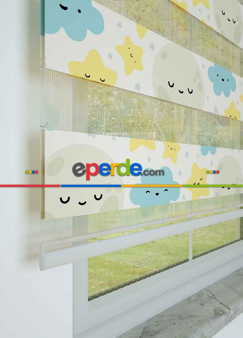 Sarı Mavi Bulut Ve Yıldız Desenli Baskılı Zebra Perde