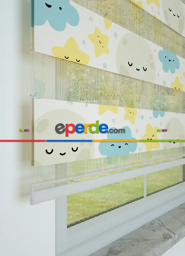 Sarı Mavi Bulut Ve Yıldız Desenli Baskılı Zebra Perde