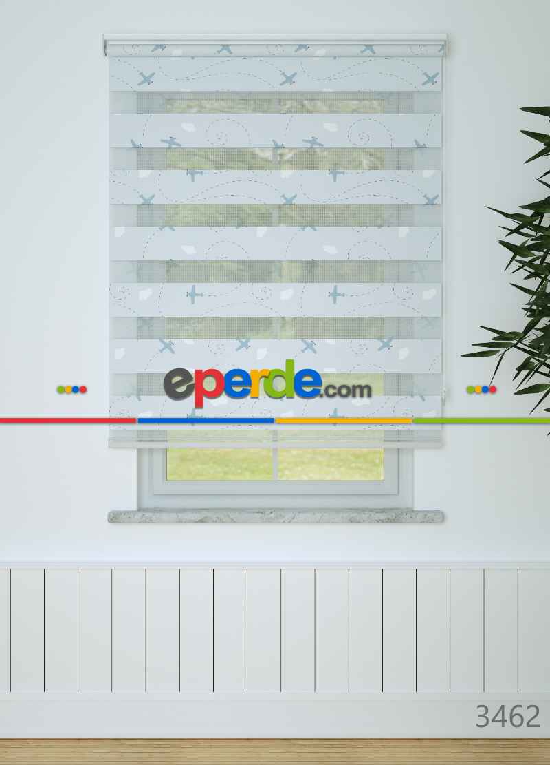 Bebek Odası - Açık Mavi Uçak Desenli Baskılı Zebra Perde