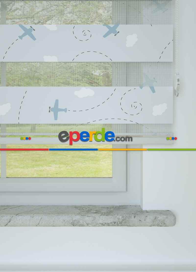 Bebek Odası - Açık Mavi Uçak Desenli Baskılı Zebra Perde