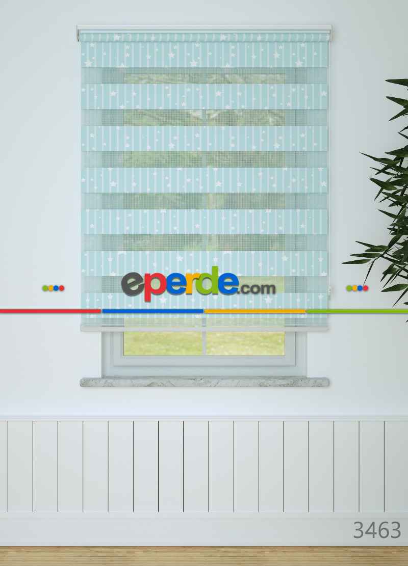 Çocuk Odası - Mavi Yıldız Desenli Baskılı Zebra Perde