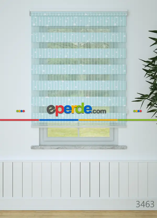 Mavi Yıldız Desenli Baskılı Zebra Perde