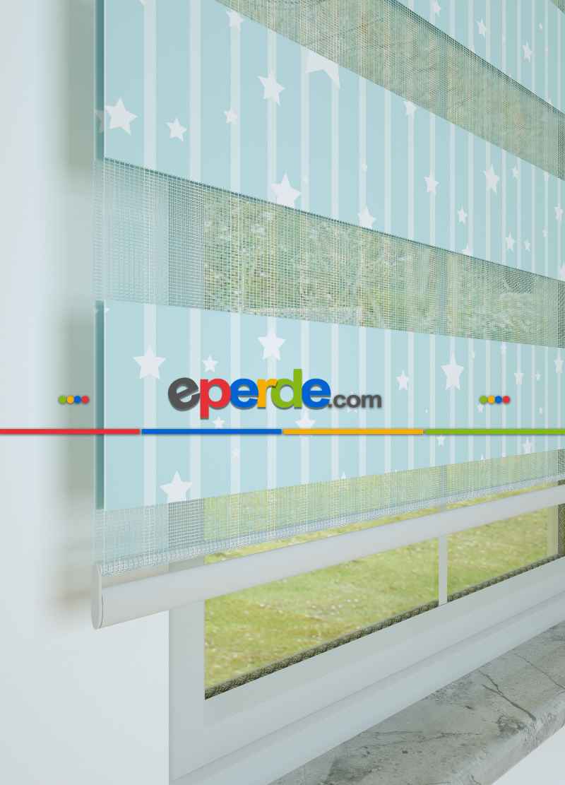 Çocuk Odası - Mavi Yıldız Desenli Baskılı Zebra Perde