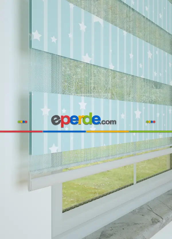 Mavi Yıldız Desenli Baskılı Zebra Perde