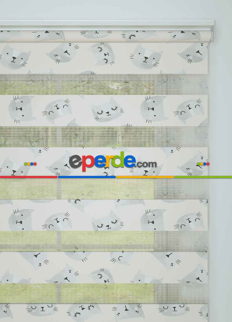 Çocuk Odası - Açık Gri Kedi Desenli Baskılı Zebra Perde