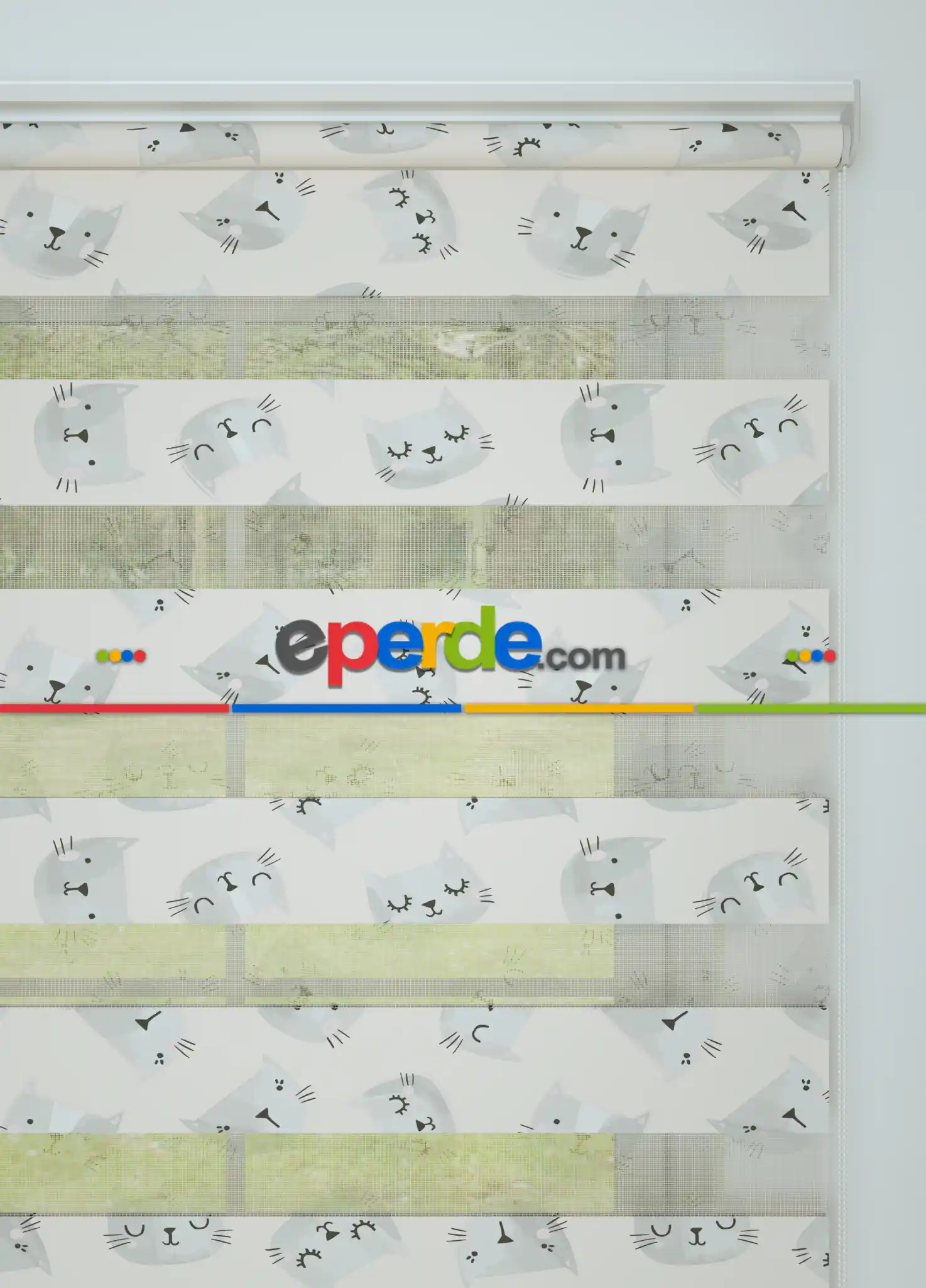 Açık Gri Kedi Desenli Baskılı Zebra Perde