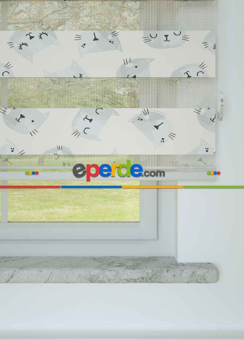 Çocuk Odası - Açık Gri Kedi Desenli Baskılı Zebra Perde