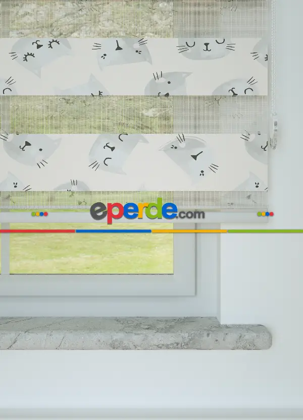 Açık Gri Kedi Desenli Baskılı Zebra Perde