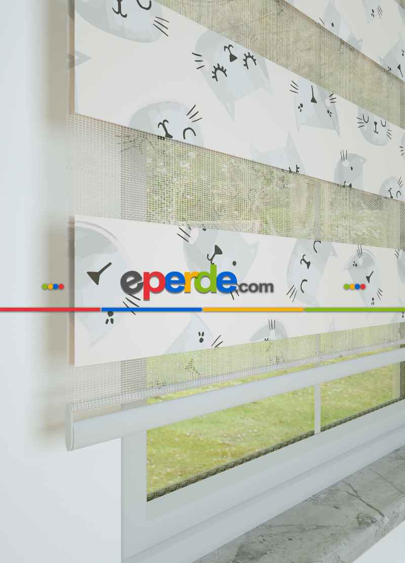 Çocuk Odası - Açık Gri Kedi Desenli Baskılı Zebra Perde