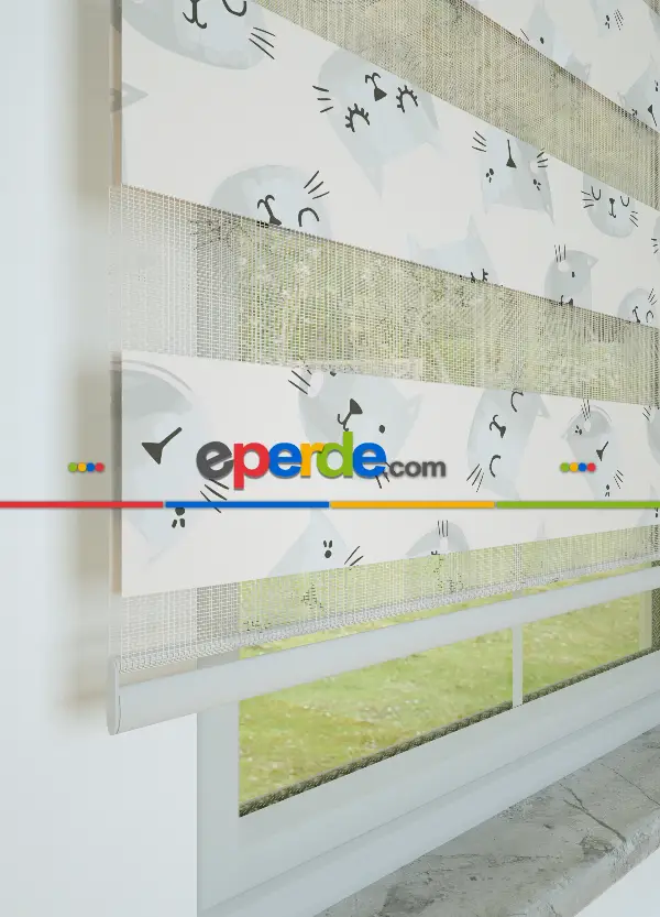 Açık Gri Kedi Desenli Baskılı Zebra Perde