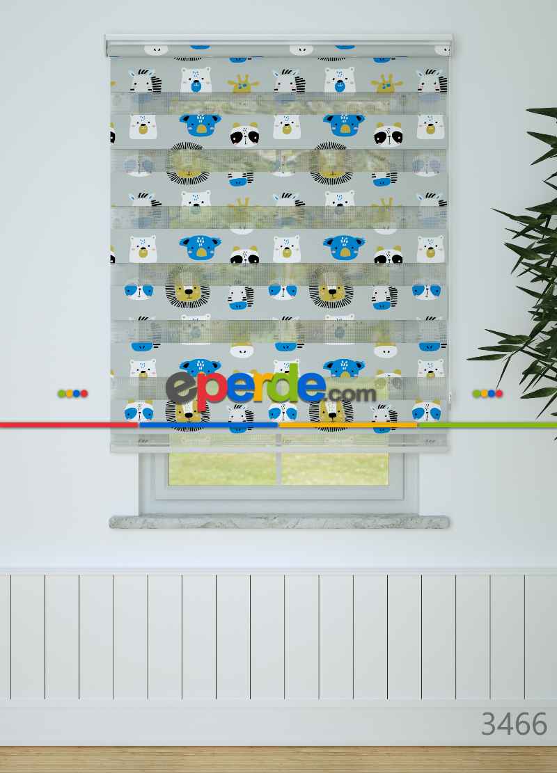 Çocuk Odası - Mavi Gri Hayvanlar Alemi Desenli Baskılı Zebra Perde