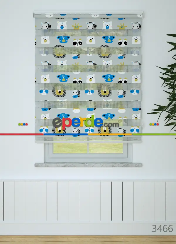 Çocuk Odası - Mavi Gri Hayvanlar Alemi Desenli Baskılı Zebra Perde