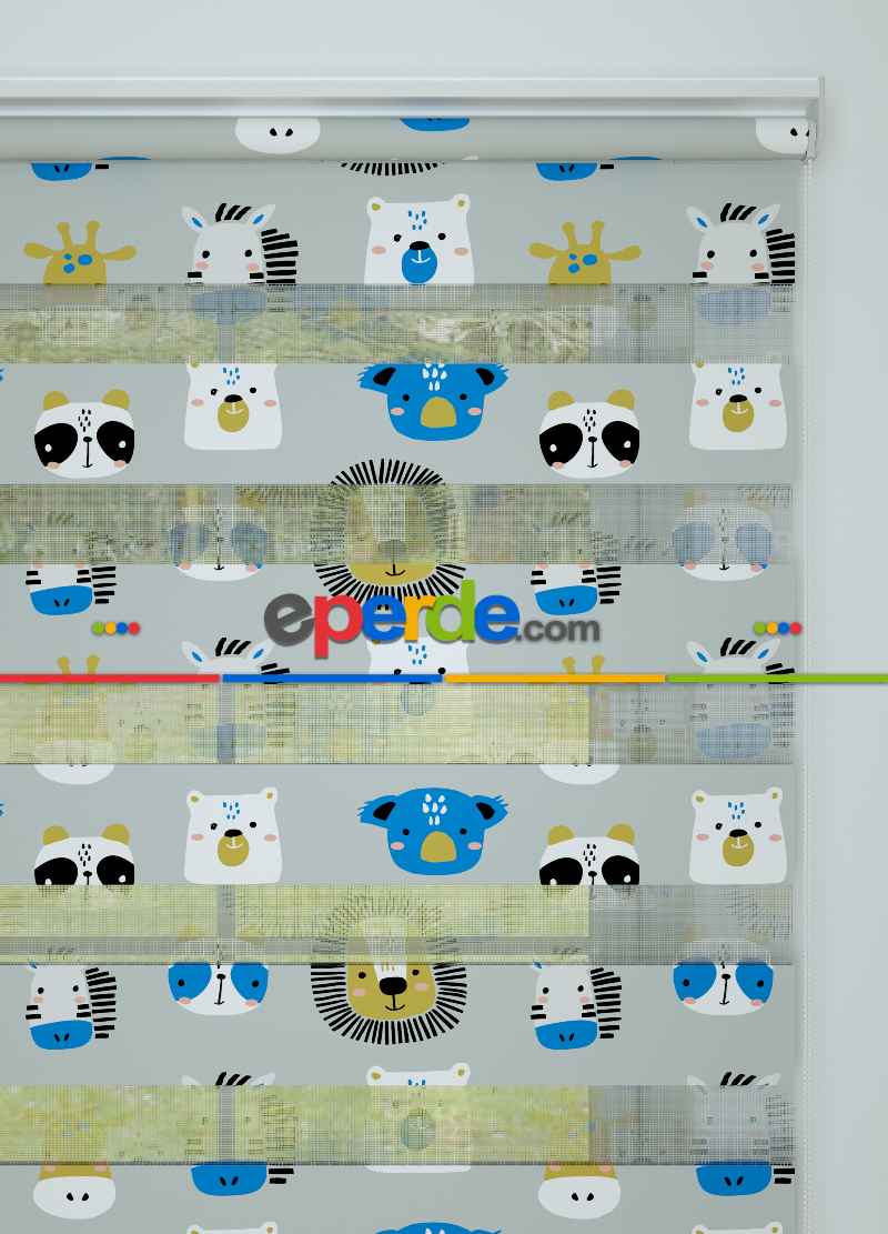 Çocuk Odası - Mavi Gri Hayvanlar Alemi Desenli Baskılı Zebra Perde