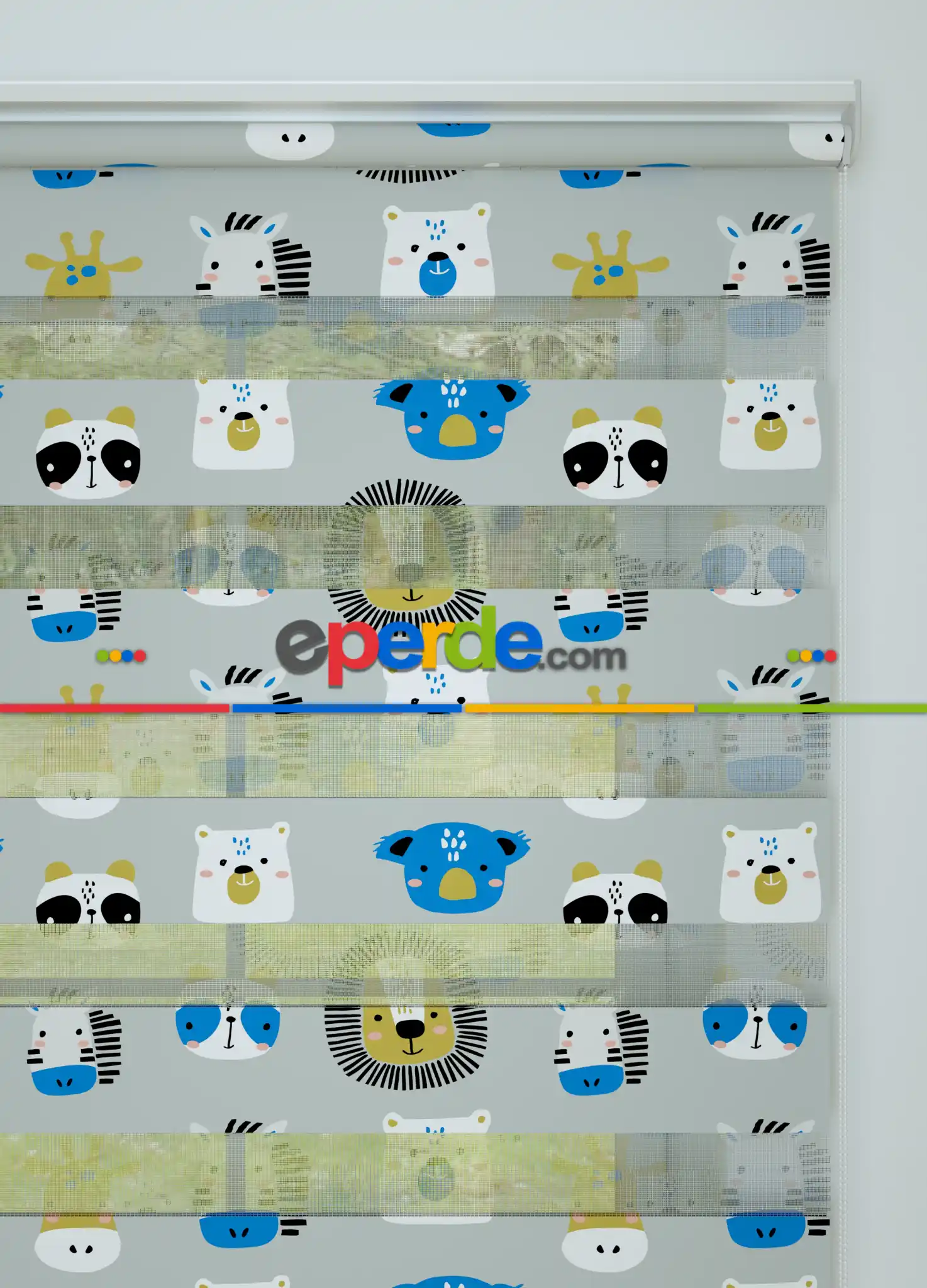 Çocuk Odası - Mavi Gri Hayvanlar Alemi Desenli Baskılı Zebra Perde