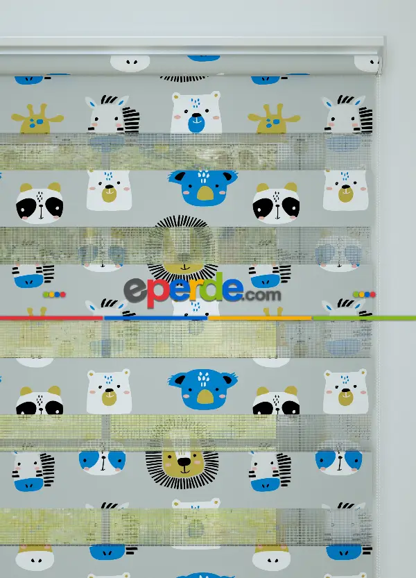 Çocuk Odası - Mavi Gri Hayvanlar Alemi Desenli Baskılı Zebra Perde