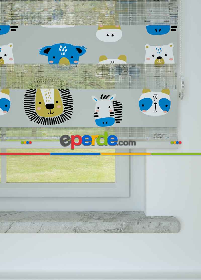 Çocuk Odası - Mavi Gri Hayvanlar Alemi Desenli Baskılı Zebra Perde