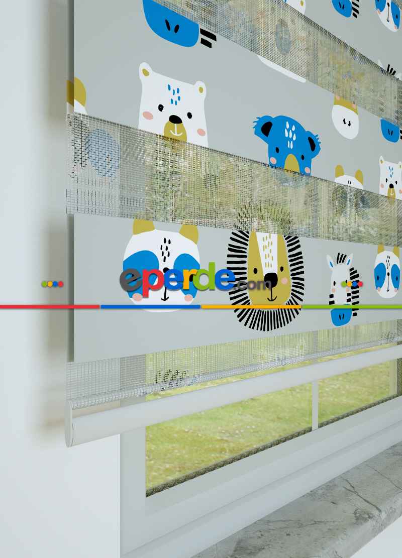 Çocuk Odası - Mavi Gri Hayvanlar Alemi Desenli Baskılı Zebra Perde
