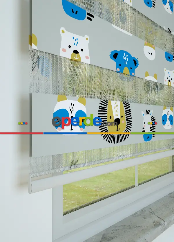 Çocuk Odası - Mavi Gri Hayvanlar Alemi Desenli Baskılı Zebra Perde